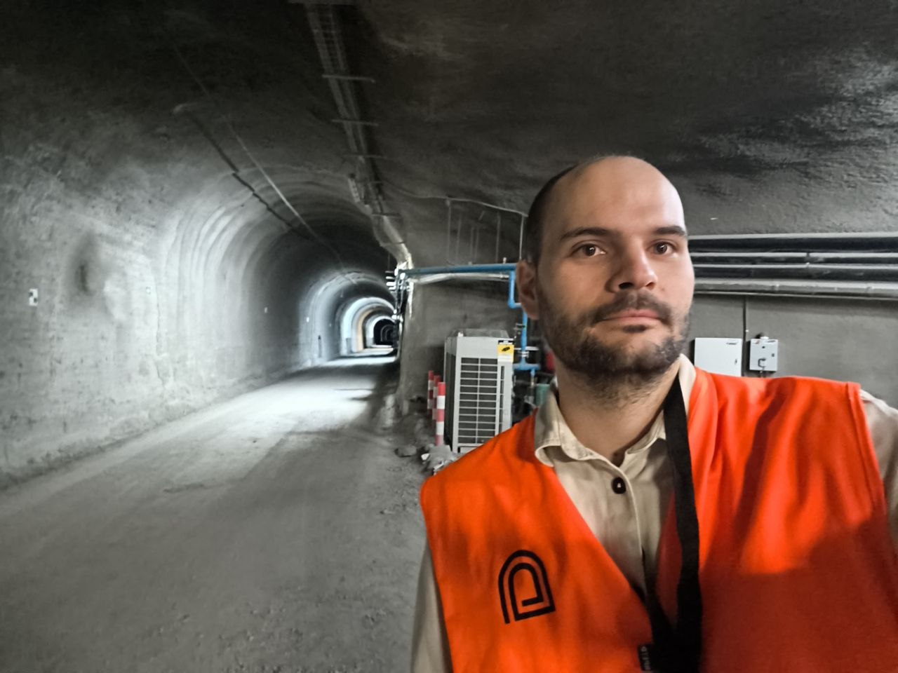 In a hi-vis vest in the access tunnel of the Canfranc Underground Laboratory