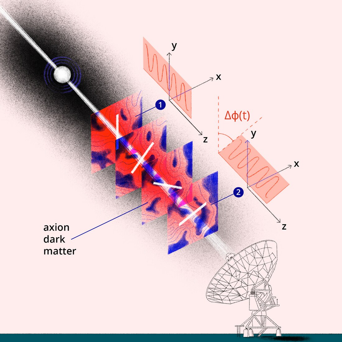 Axion dark matter behaves as a wave filling the galaxy. Polarised light leaving a pulsar (1) and arriving at a radio telescope (2) has its polarisation angle rotated by a time-dependent birefringence Δφ(t). Illustration by Ève Barlier.